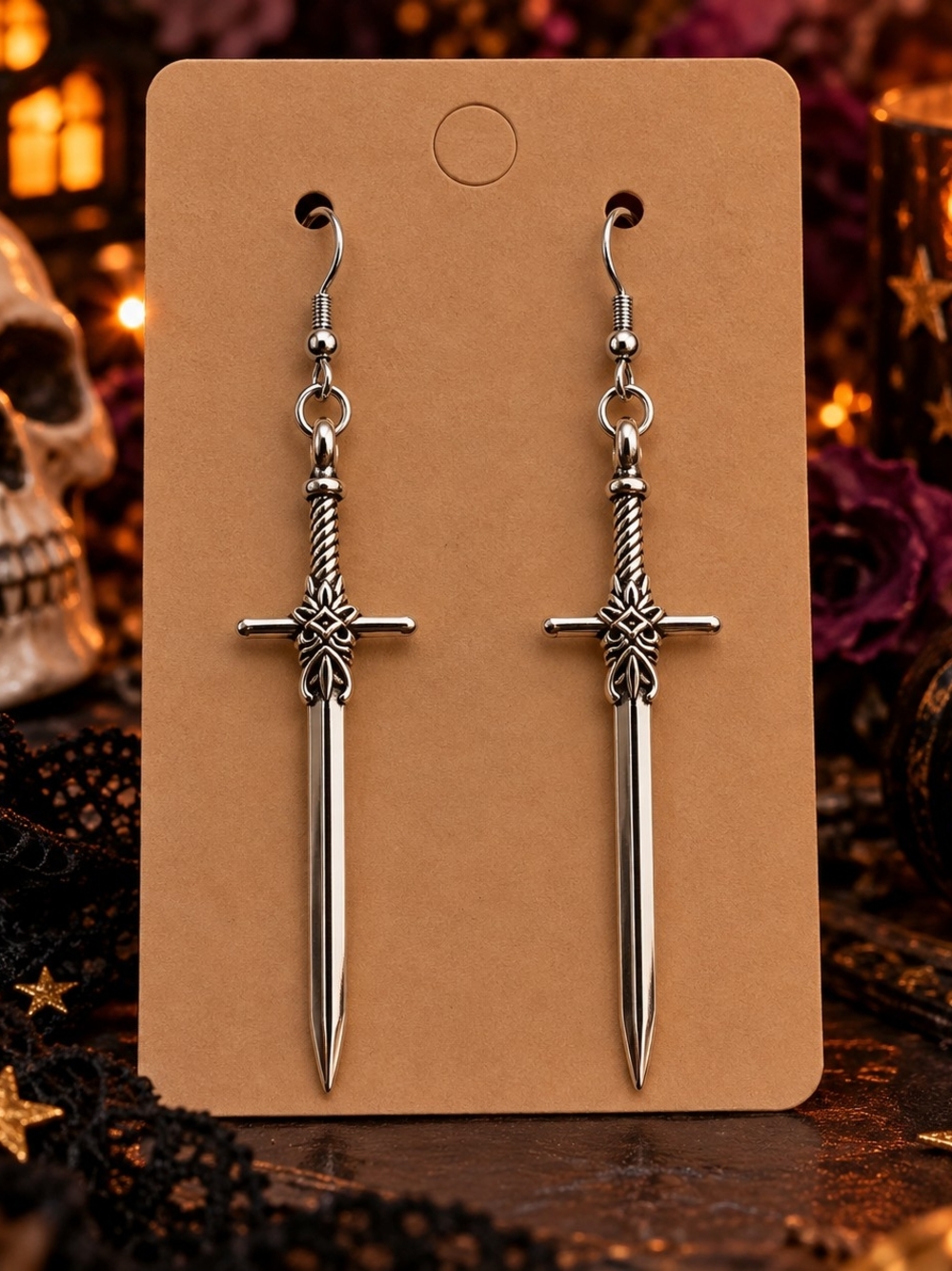 Silver Tone Metal Sword Dangle Drop Earrings New Goth